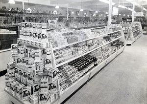 Soap powder aisle, Woolworths store, 1956 by English Photographer